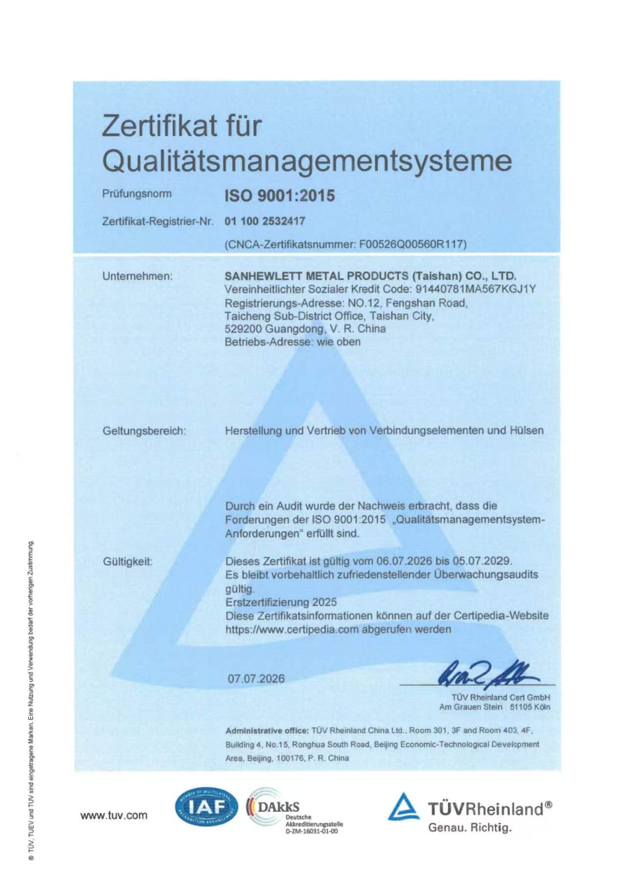 ISO 9001:2015 · Certificat en allemand