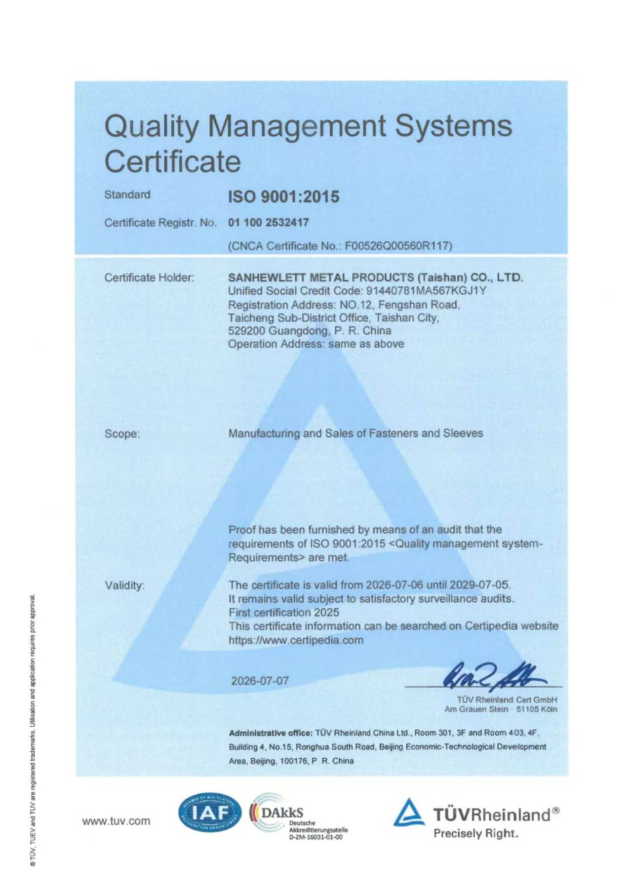ISO 9001:2015 · Certificat en anglais